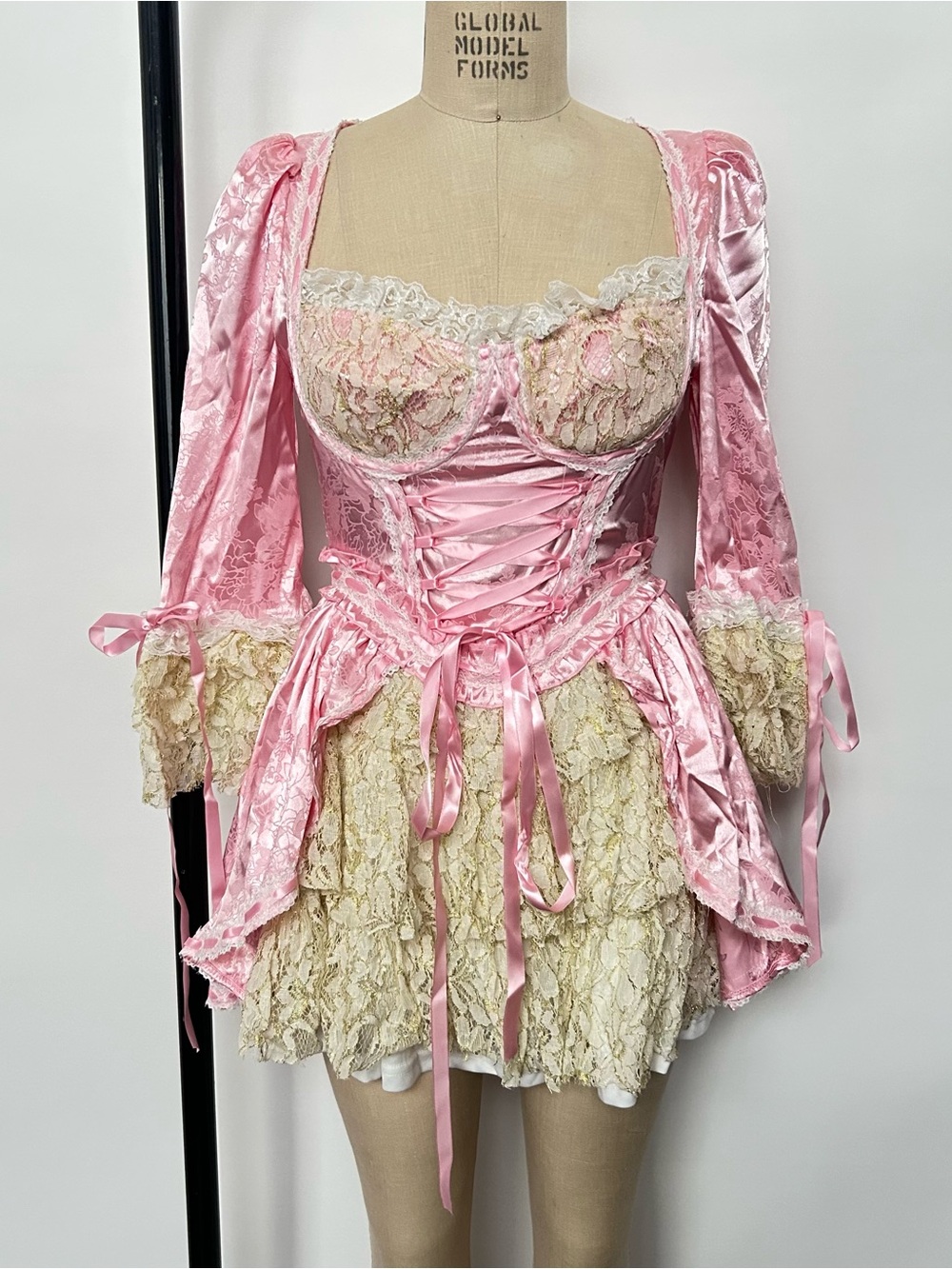 Dolls Kill Pink Satin Lace-Up Corset Mini Dress with Cream Lace Skirt